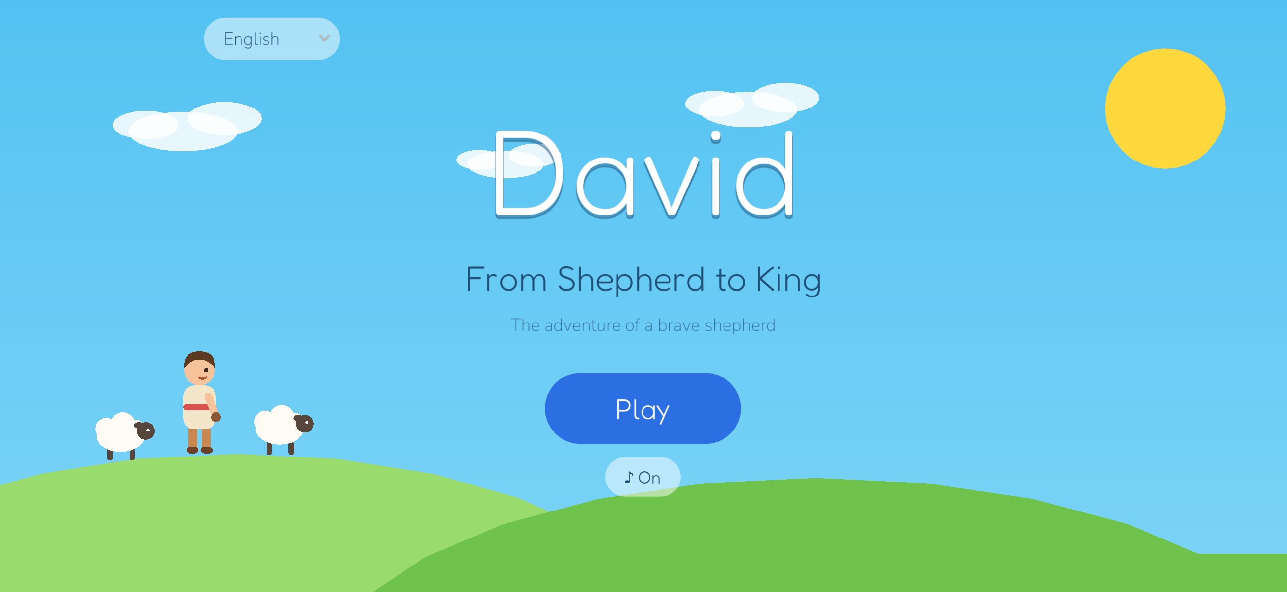 David title screen — the shepherd and his sheep on a green hill under a sunny sky