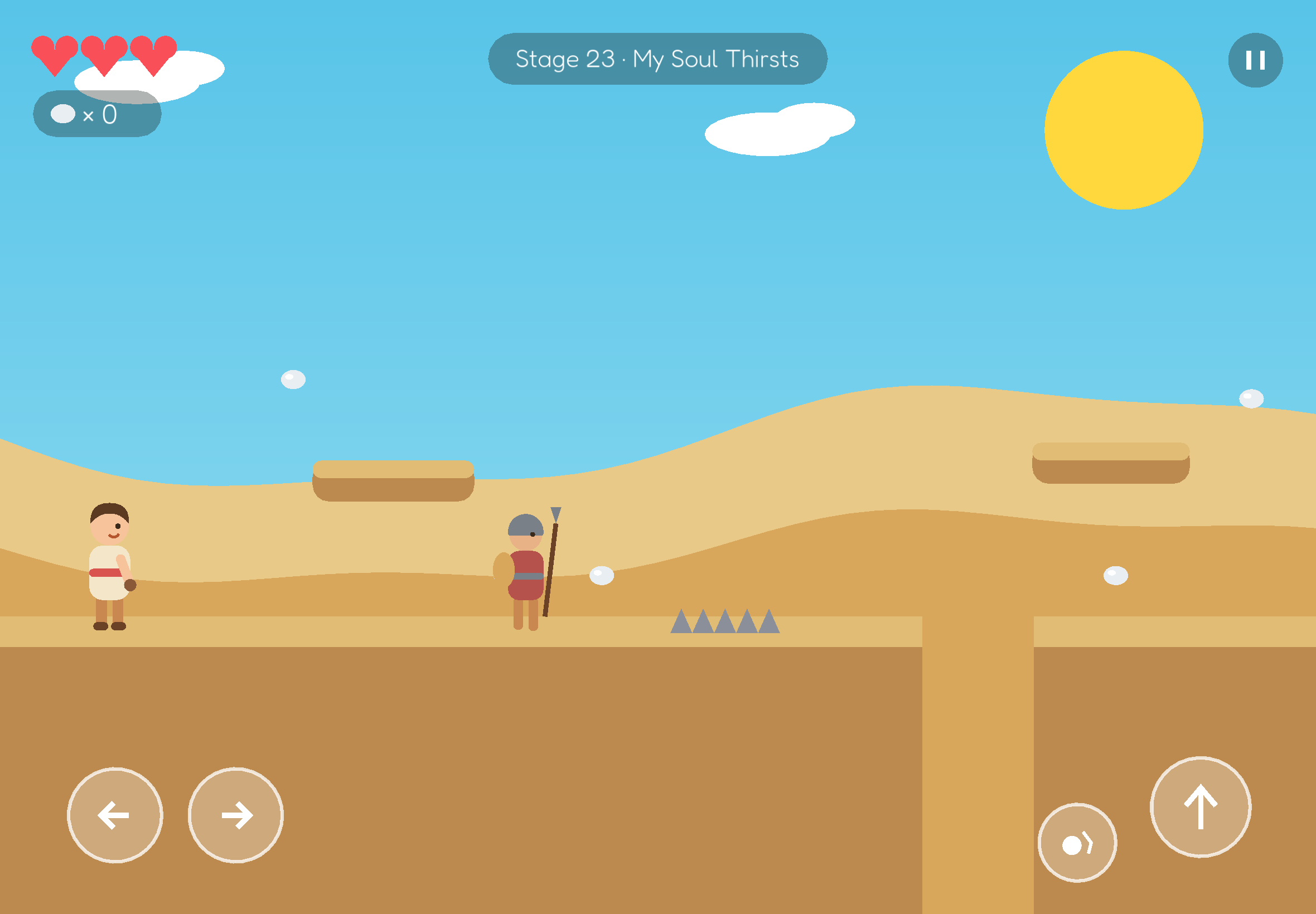 Desert stage with a spear-carrying soldier, an archer and spike traps to dodge