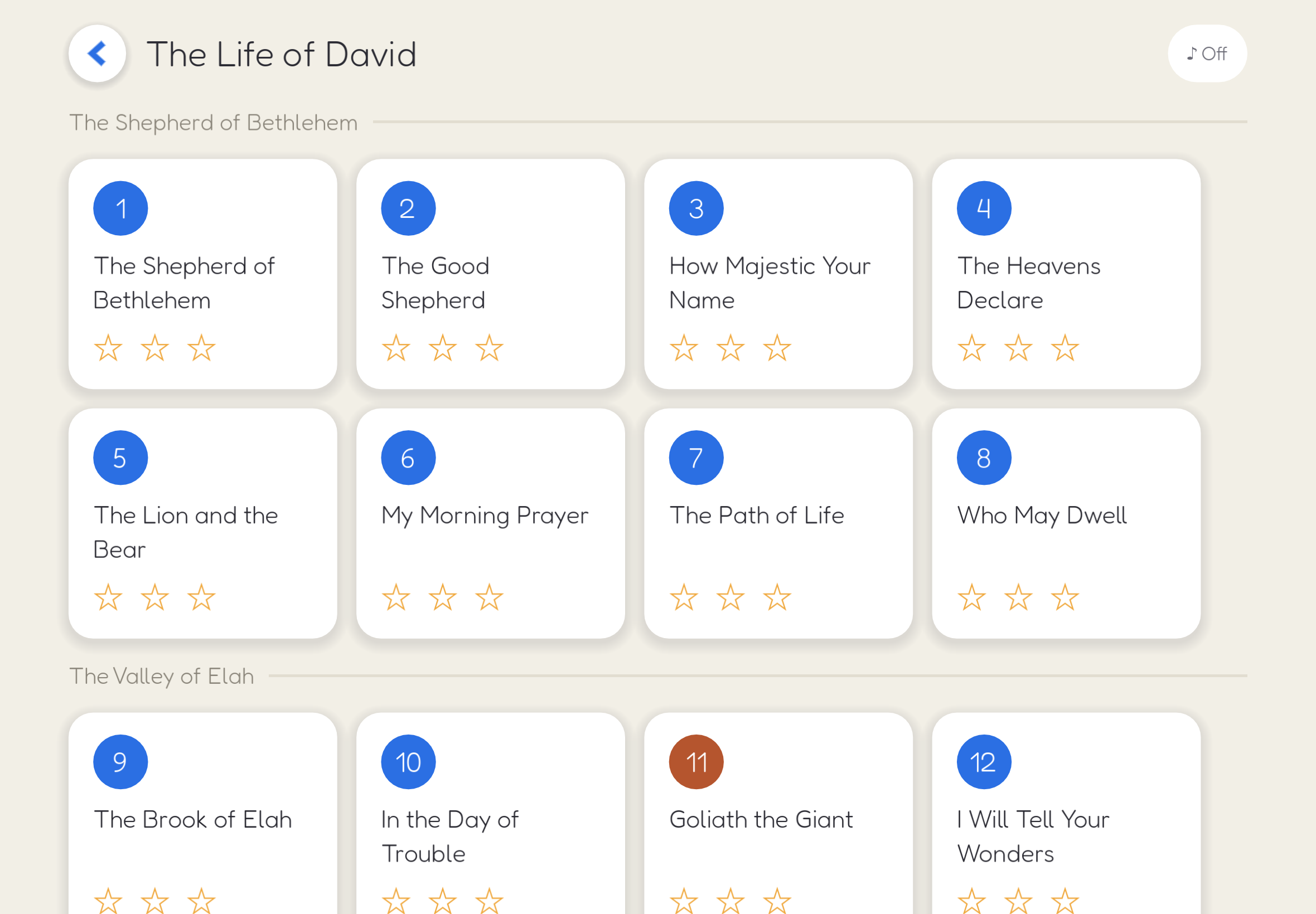 The Life of David level-select map on iPad, showing story chapters including the Valley of Elah and the Goliath the Giant boss stage