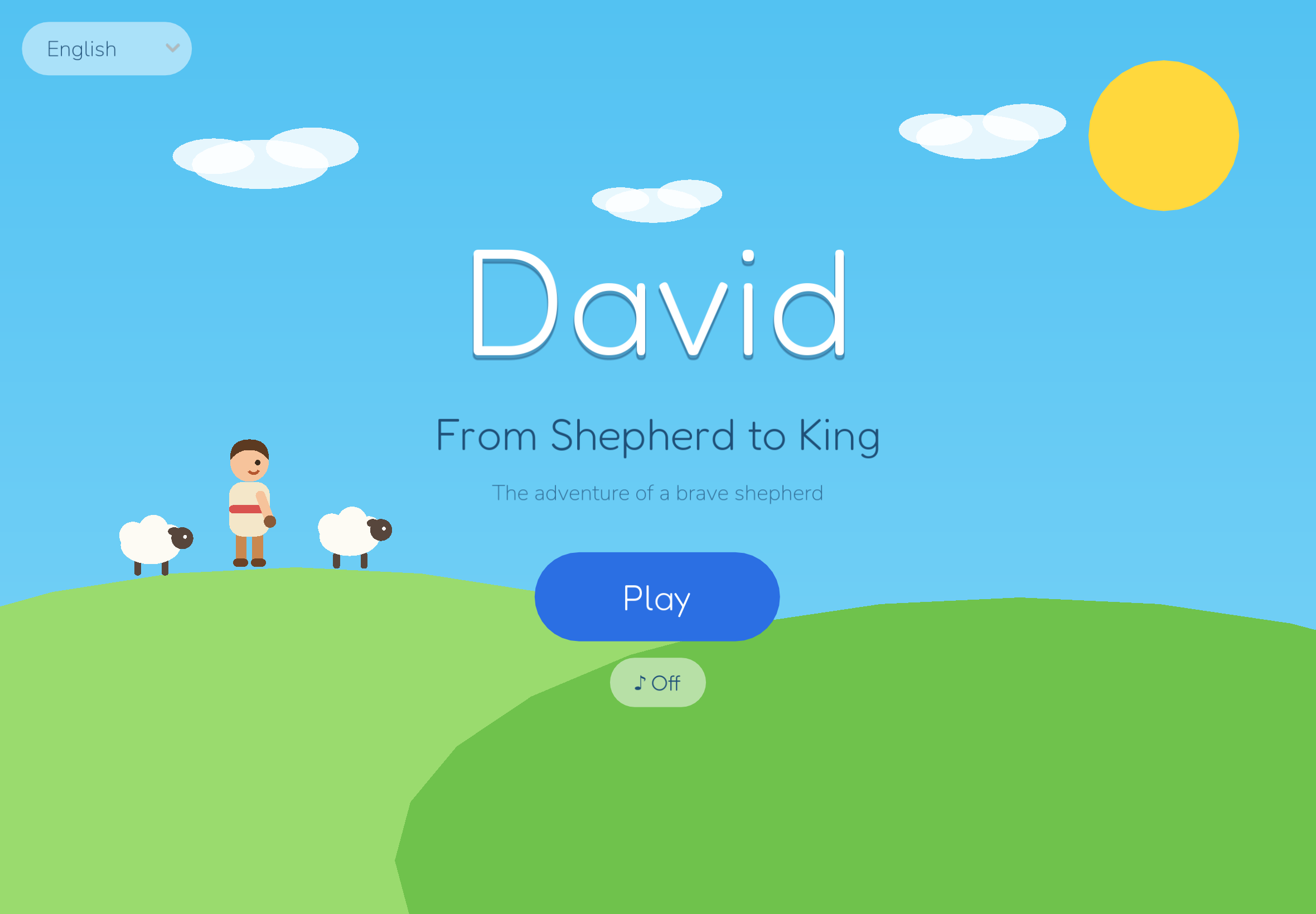 David title screen on iPad — the shepherd and his sheep on a green hill under a sunny sky