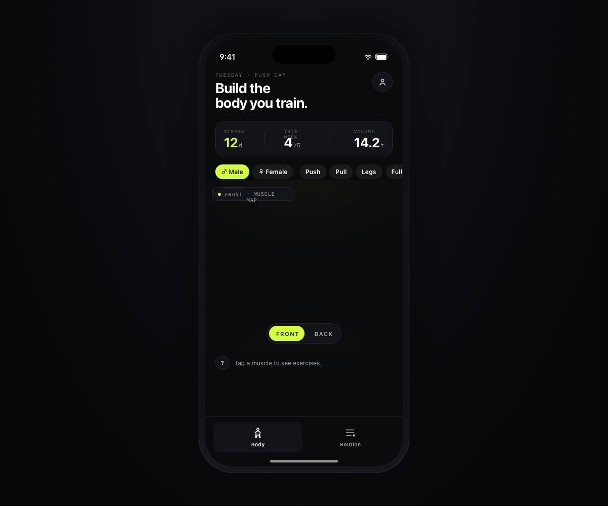Gym Trainer home screen showing the muscle map and weekly stats