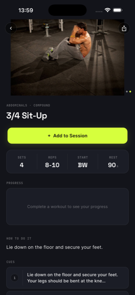 Exercise detail with video demo and cues