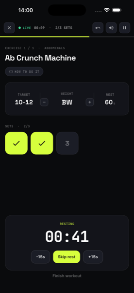 Live session tracking with a built-in rest timer