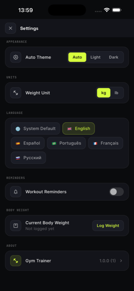 Settings — themes, units and five languages